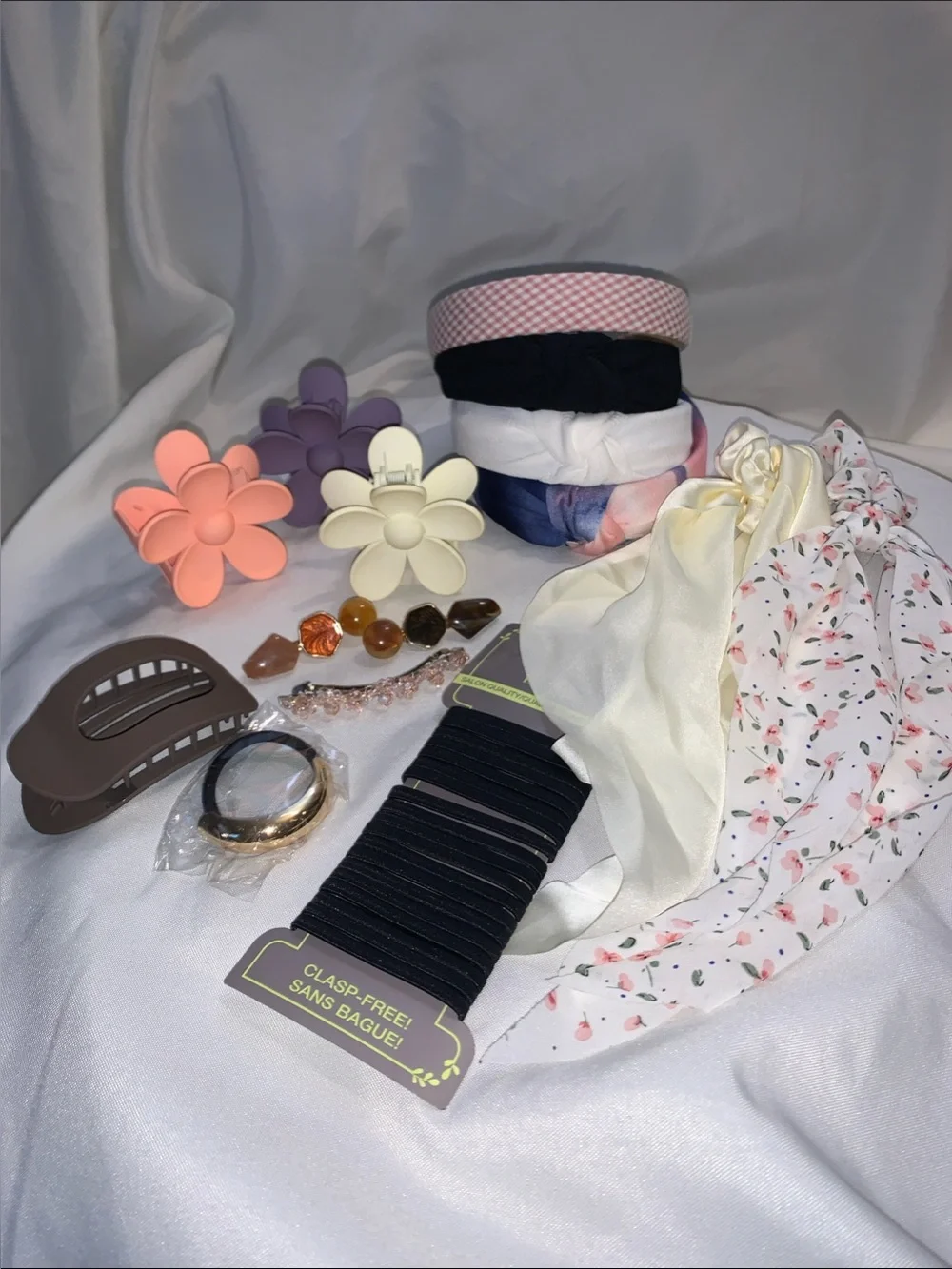 Women’s Multi-Pack Hair Accessories Set — Pink, White, Cream & Purple- 15 PIECES